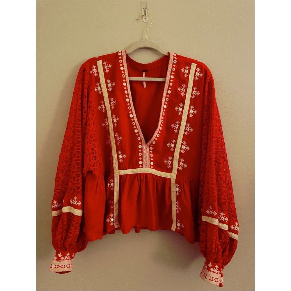 Free People Sequin Lace Balloon Sleeve Top